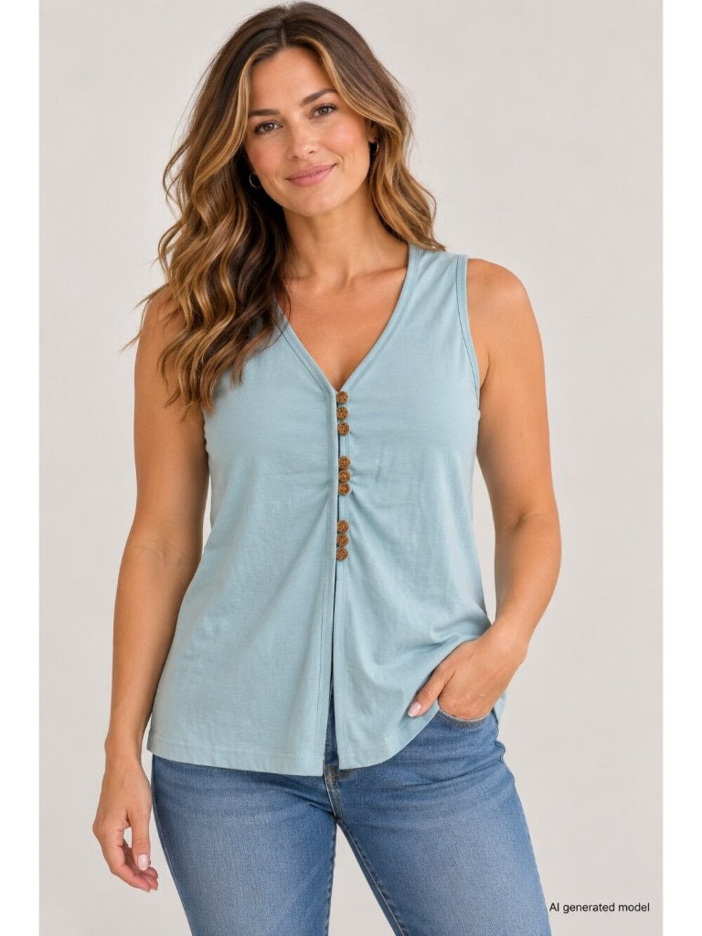 Sleeveless Light Blue Knit Top With Wooden Button Accents V-Neck Cut And Relaxed